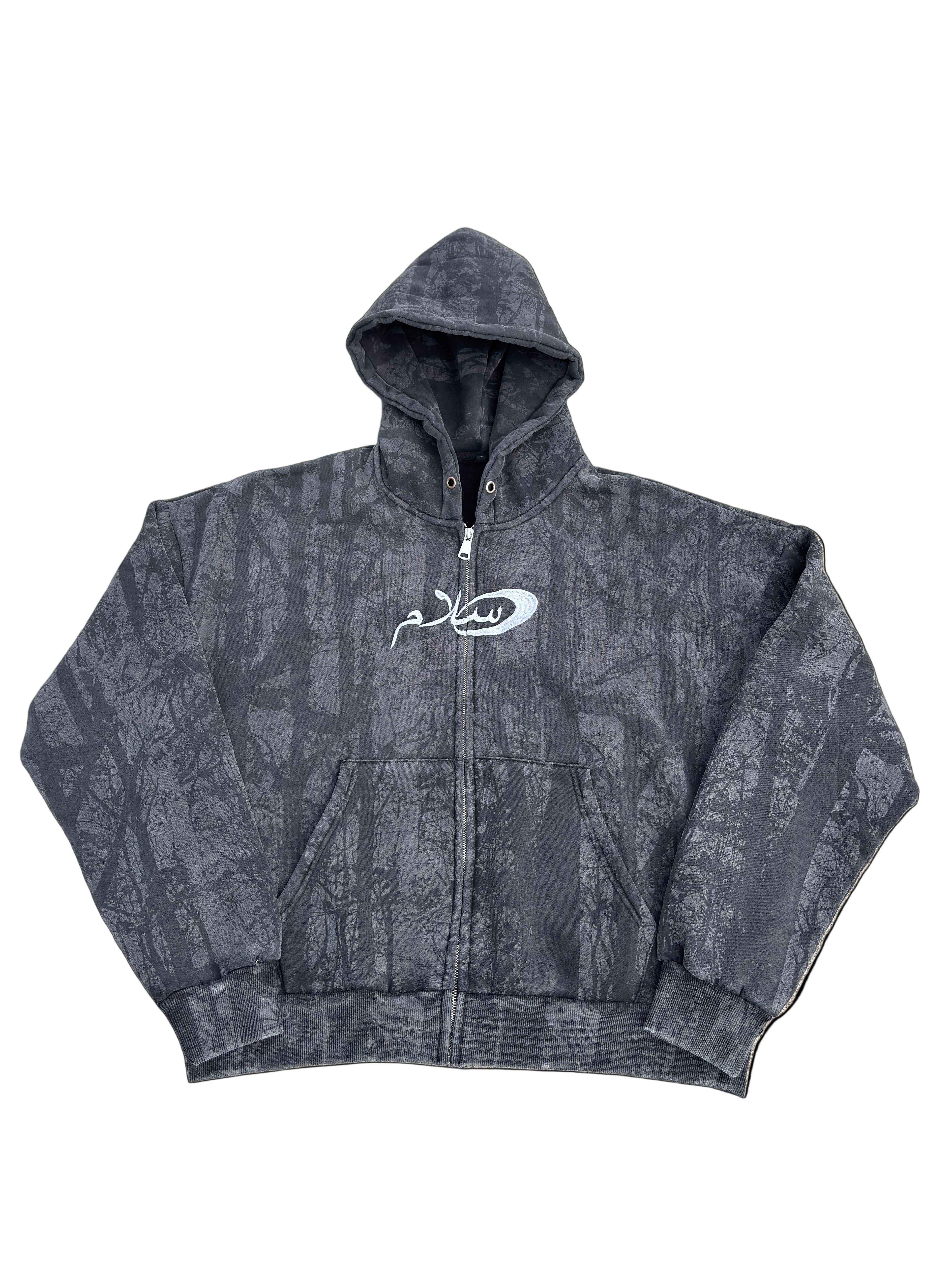 Dark gray hoodie with a logo on a light gray background